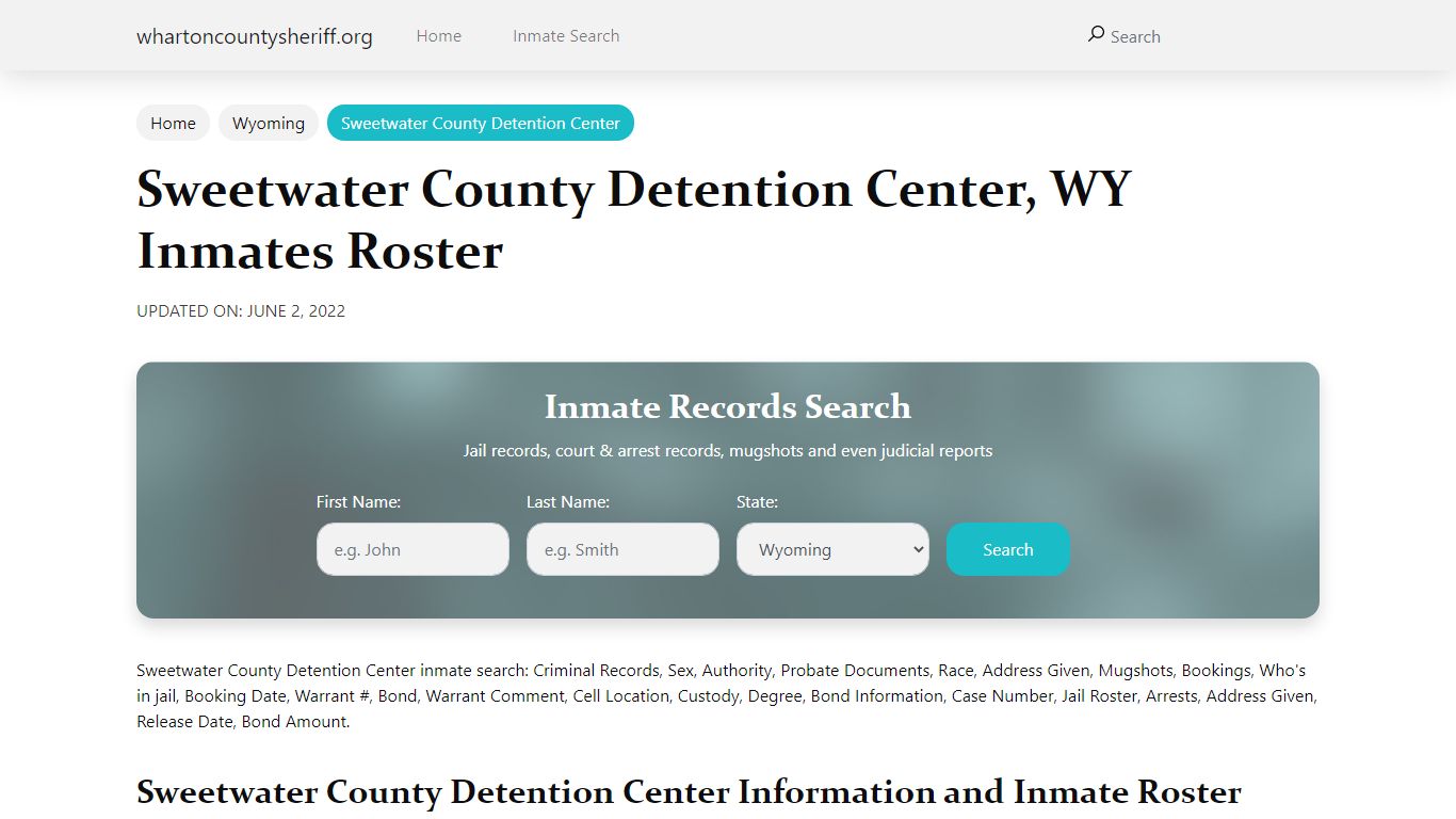 Sweetwater County Detention Center, WY Jail Roster, Name ...